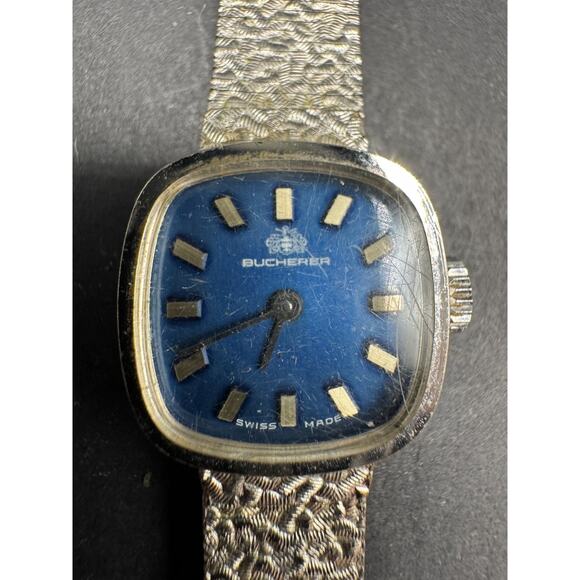 Vintage Bucherer Ladies Swiss Made Watch Blue Dial Silver Tone 19mm - Picture 1 of 11